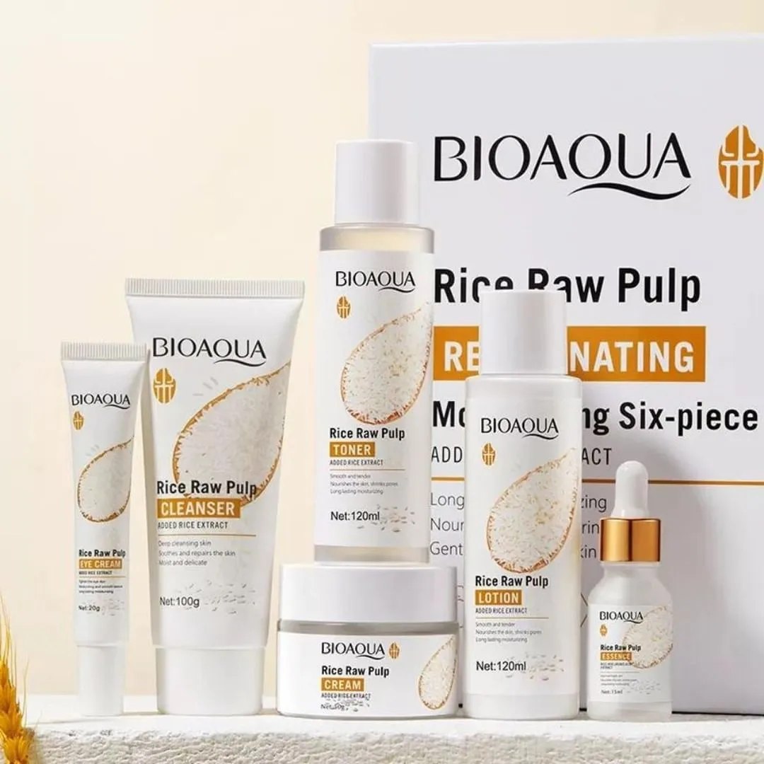 BIOAOUA 6Pcs Skin Care Set Rice Raw Pulp Essence Facial Moisturizing Care